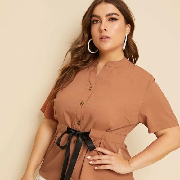 Shein Women's Brown Button Through Drawstring Waist Blouse Size 2X - Picture 1 of 6